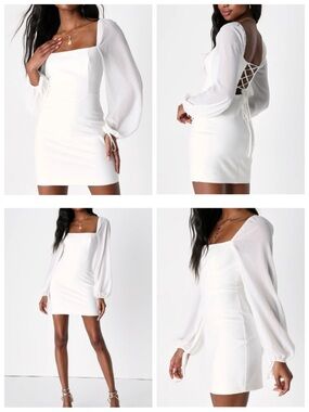 Lulus Delightful Love White Lace-Up Balloon Semi-Sheer Sleeve Mini Dress size S